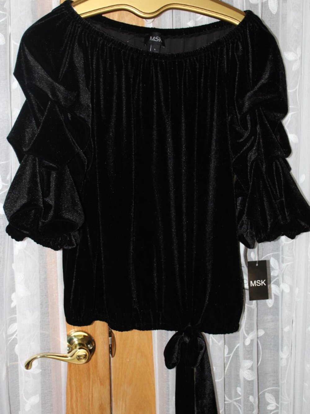 MSK NWT Women Top Blouse Black Velvet SZ L over the shoulders Neck Casual 3/4 Sl